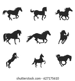 Vector silhouette of a horse. Black horse silhouette in movement and standing. Vector illustration.