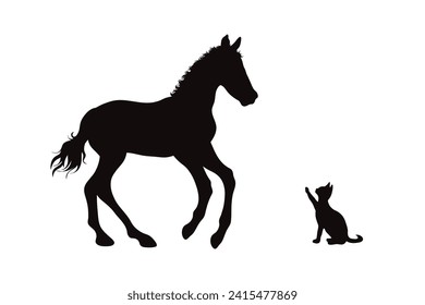 Silueta vectorial de caballo con gato sobre fondo blanco. Símbolo de semental y mascota.