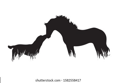 Vector silhouette of horse with dog in the grass on white background. Symbol of animal, pet, friends, farm, nature, pasture.