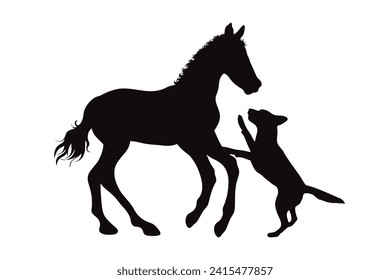 Silueta vectorial de caballo con perro de fondo blanco. Símbolo de semental y mascota.