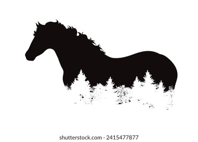 Vector silhouette of horse with forest on white background. Symbol of farm animal and nature.