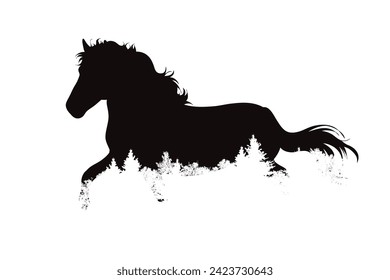 Vector silhouette of horse with forest on white background. Symbol of farm animal and nature.