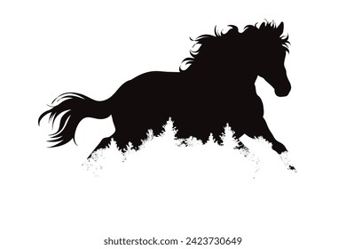 Vector silhouette of horse with forest on white background. Symbol of farm animal and nature.