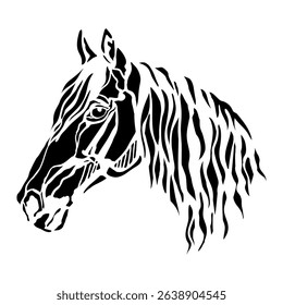 Vector silhouette of horse head isolated stencil template and illustration. Beautiful black horse portrait on white background. For embroidery, logo, design, tattoo and laser cutting