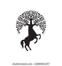 Silhouette vectorial con caballo en la naturaleza en los días soleados.Caballo de fantasía con bocinas naturales dibujado.paisaje invernal en un bosque de pinos. ensillado con gruesos cabellos atados a un árbol y mira al espectador