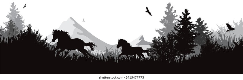 Vector silhouette of horse running in park. Symbol of nature and horse riding.