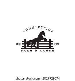 Vector Silhouette of horses behind paddock wooden fence for western countryside retro rural ranch logo design