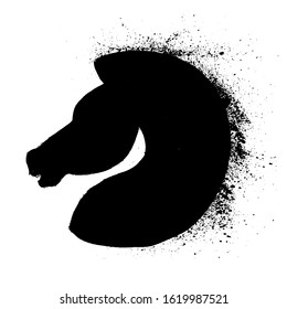 Vector silhouette of a horse's head. Logo animal icon. Grunge hand-drawn doodle illustration with splashes.