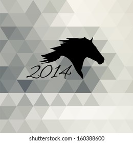 Vector silhouette of a horse's head on a background of white triangles. New Year 2014 symbol.