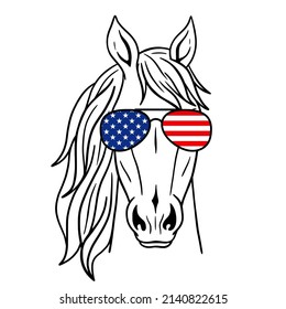 Vector silhouette of a horse's head. Wild Animals. Horse head with aviator glasses with USA Flag print. 4th of july. Good for posters, t shirts, postcards.