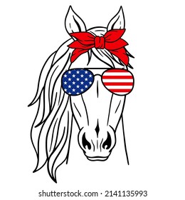 Vector silhouette of a horse's head. Wild Animals. Horse head with bandana and aviator glasses with USA Flag print. 4th of july. Good for posters, t shirts, postcards.