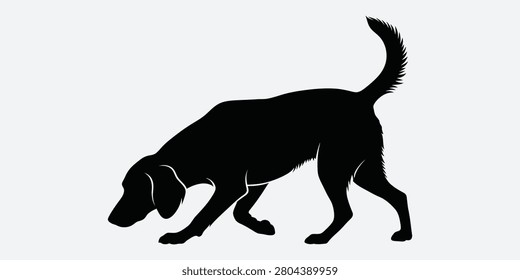 A vector silhouette of a hound dog actively sniffing the ground ideal for pet care advertisements outdoor recreation campaigns or animal-themed designs.
