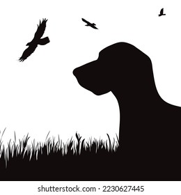 Vector silhouette of hound on white background. Symbol of hunt and animal.