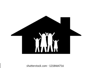 Vector silhouette of house with happy family on white background.Vector illustration EPS 10.