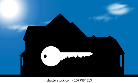 Vector silhouette of house with key on blue background.
