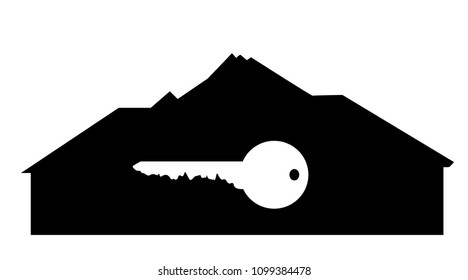 Vector silhouette of house with key on white background.