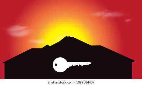 Vector silhouette of house with key on sunset.