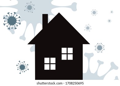 Silueta vectorial de la casa sobre fondo con símbolo de virus. Ilustración de saludable.
