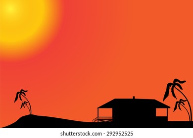 Vector silhouette of a house on the beach at sunset.