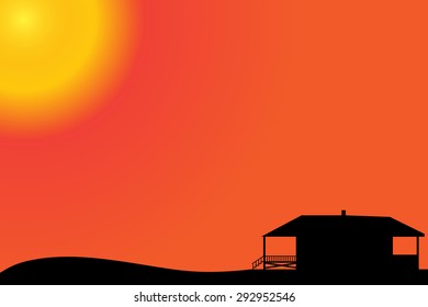 Vector silhouette of a house on the beach at sunset.