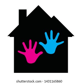 Vector silhouette of house with children´s palms on white background. Symbol of childhood, protection, child.