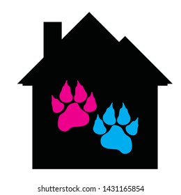 Vector silhouette of house with animal´s pawn on white background. Symbol of dog, pet, cat, protection.