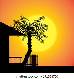 Vector silhouette of the house at sunset.