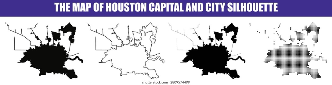 Vector silhouette of Houston city map in multiple styles for urban planning and geographic concepts. Ideal for presentations and infographics.