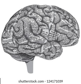 Vector silhouette of the human brain of newspaper columns texture. Text on the newspaper unreadable.