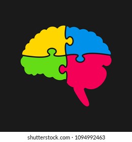 Vector Silhouette Human Brain Puzzle Four Pieces. Mental And Brain Illness. Business Infographic Concept. Shape Symbol Education, Knowledge, Psychology, Memory, Logic. Template Design Puzzles Element.