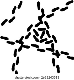 Vector silhouette of human footprints walking irregularly. Black footprints appear from all directions on a white background.