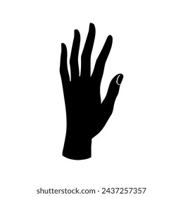 Vector silhouette of a human hand, with fingers raised up. Drawn in black on a white background.