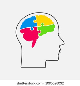 Vector silhouette human head and brain puzzle pieces. Mental and brain illness. Business infographic concept. Shape symbol education, knowledge, psychology, logic. Template design puzzles element.