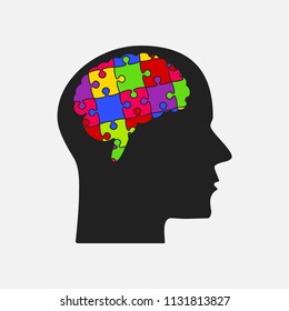 Vector silhouette human head and brain puzzle pieces. Mental and brain illness. Business infographic concept. Shape symbol education, knowledge, psychology, logic. Template design puzzles element.