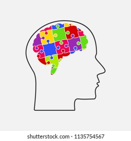 Vector silhouette human head and brain puzzle pieces. Mental and brain illness. Business infographic concept. Shape symbol education, knowledge, psychology, logic. Template design puzzles element.