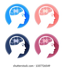 Vector silhouette human head and brain puzzle pieces. Mind exercises, mental health, shape symbol education, knowledge, psychology, logic