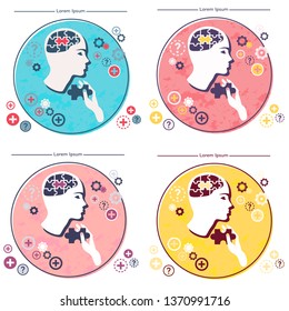Vector silhouette human head and brain puzzle pieces. Mind exercises, mental health, shape symbol education, knowledge, psychology, logic
