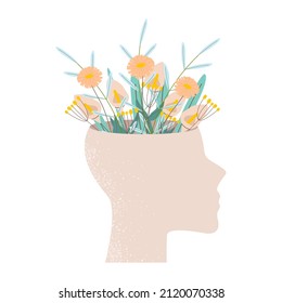 Vector silhouette of a human head from which flowers grow. The concept of mental health, positive thinking, peace of mind. Flat cartoon illustration.