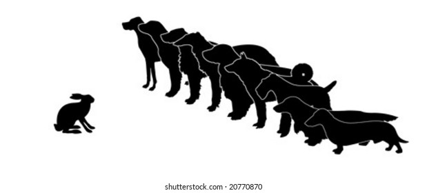 Vektorsilhouette-Jagd auf Hunde und Kaninchen auf weißem Hintergrund