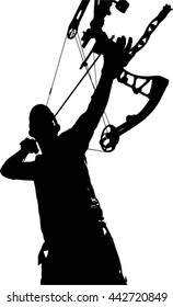 A Vector Silhouette Of A Hunter With A Bow And Arrow At Full Draw.