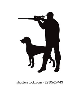 Vector silhouette of hunter with gun and his dog on white background. Symbol of hunt and poacher.