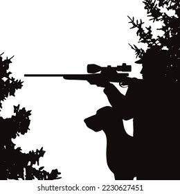 Vector silhouette of hunter with gun and his dog on white background. Symbol of hunt and poacher.