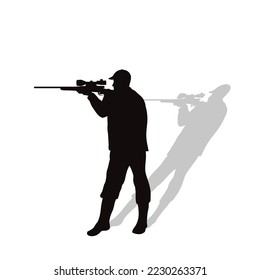 Vector silhouette of hunter with gun on white background. Symbol of hunt and poacher.