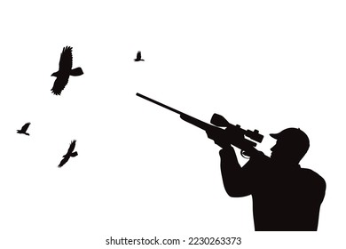 Silueta vectorial de cazador con arma sobre fondo blanco. Símbolo de caza y cazador furtivo.