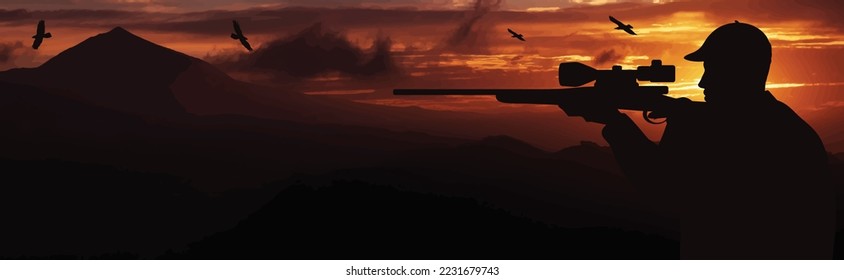 Silueta vectorial de cazador con arma al fondo de la puesta de sol. Símbolo de deporte y naturaleza.
