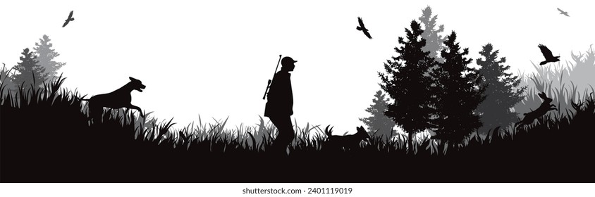 Vector silhouette of hunter with his dog in forest. Symbol of hunting and nature.