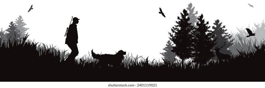 Silueta vectorial del cazador con su perro en el bosque. Símbolo de caza y naturaleza.