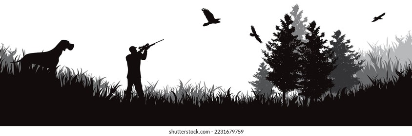 Silueta vectorial del cazador disparando al pájaro con su perro sobre fondo blanco. Símbolo de caza y cazador furtivo.