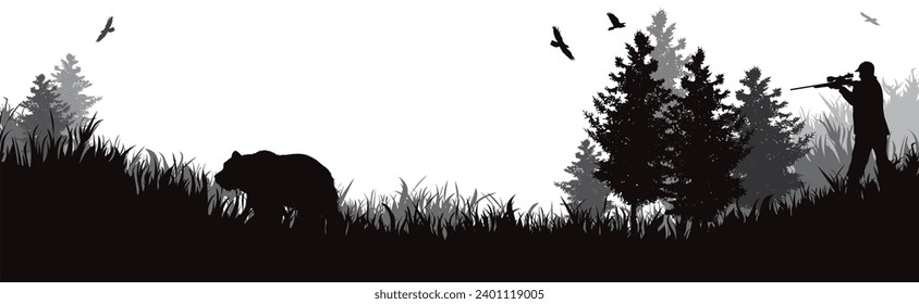 Vector silhouette of hunters in forest. Symbol of hunting and nature.