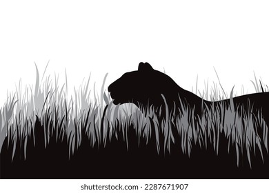 Vektorsilhouette der Jagdtiger im Gras. Symbol der Natur und der Wildnis.